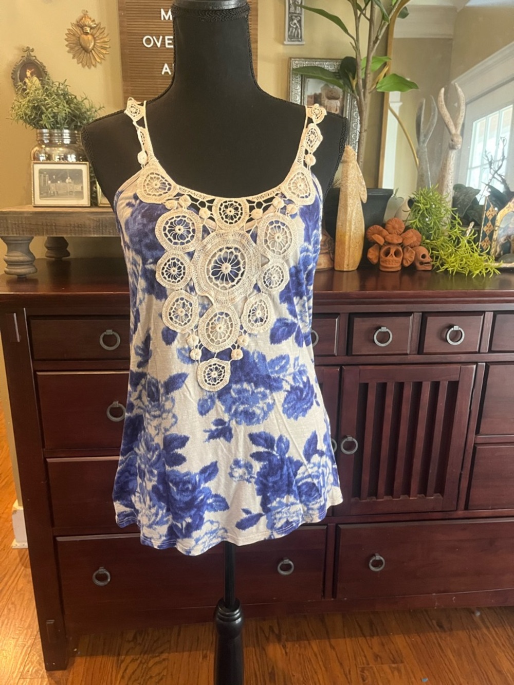 Anthropologie Waverly Blue and Cream Floral Crochet-Detail Camisole